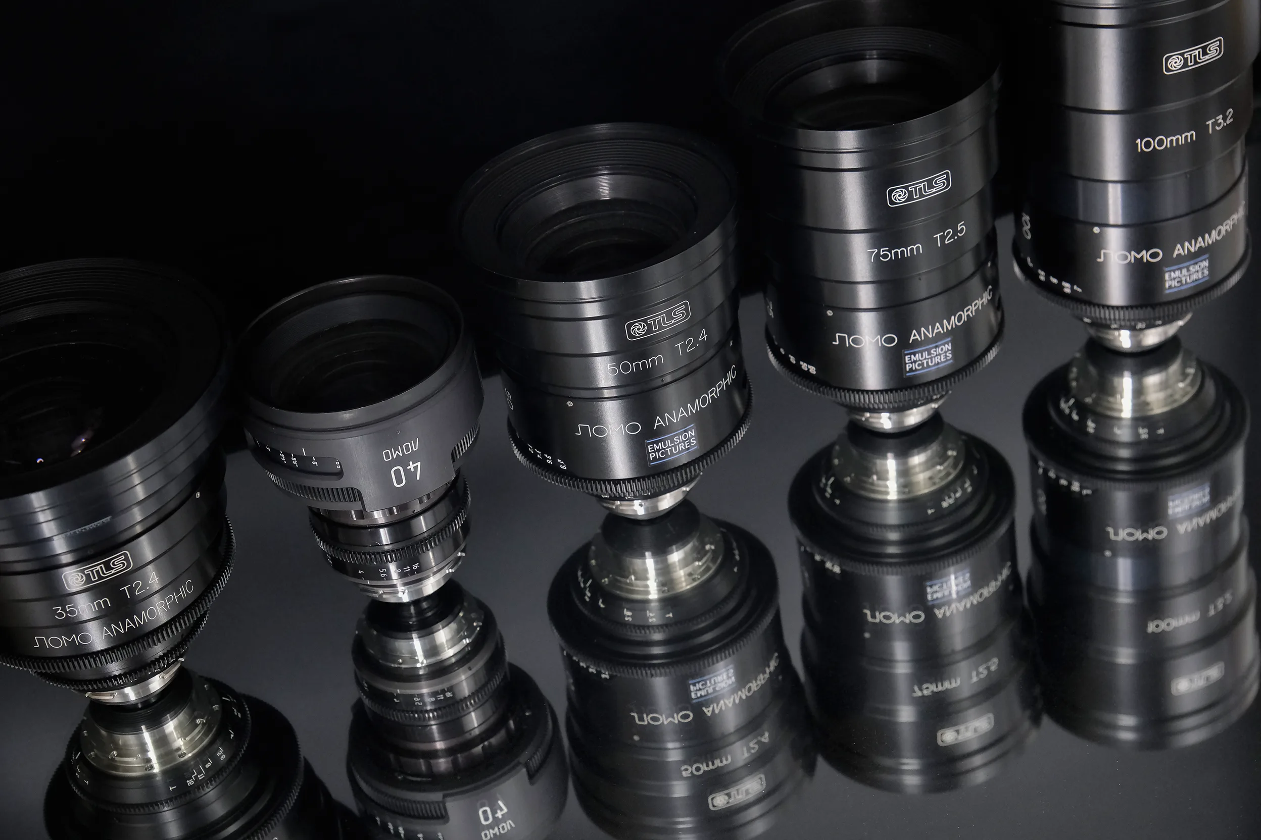 LOMO Round Front Anamorphic Lenses upright in a row